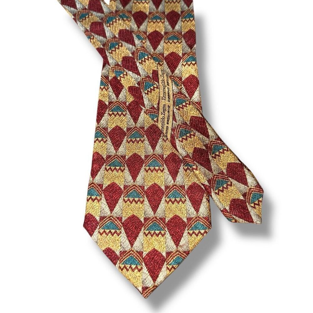 Ermenegildo Zegna Red & Gold Abstract 100% Silk Handmade in Italy Neck Tie